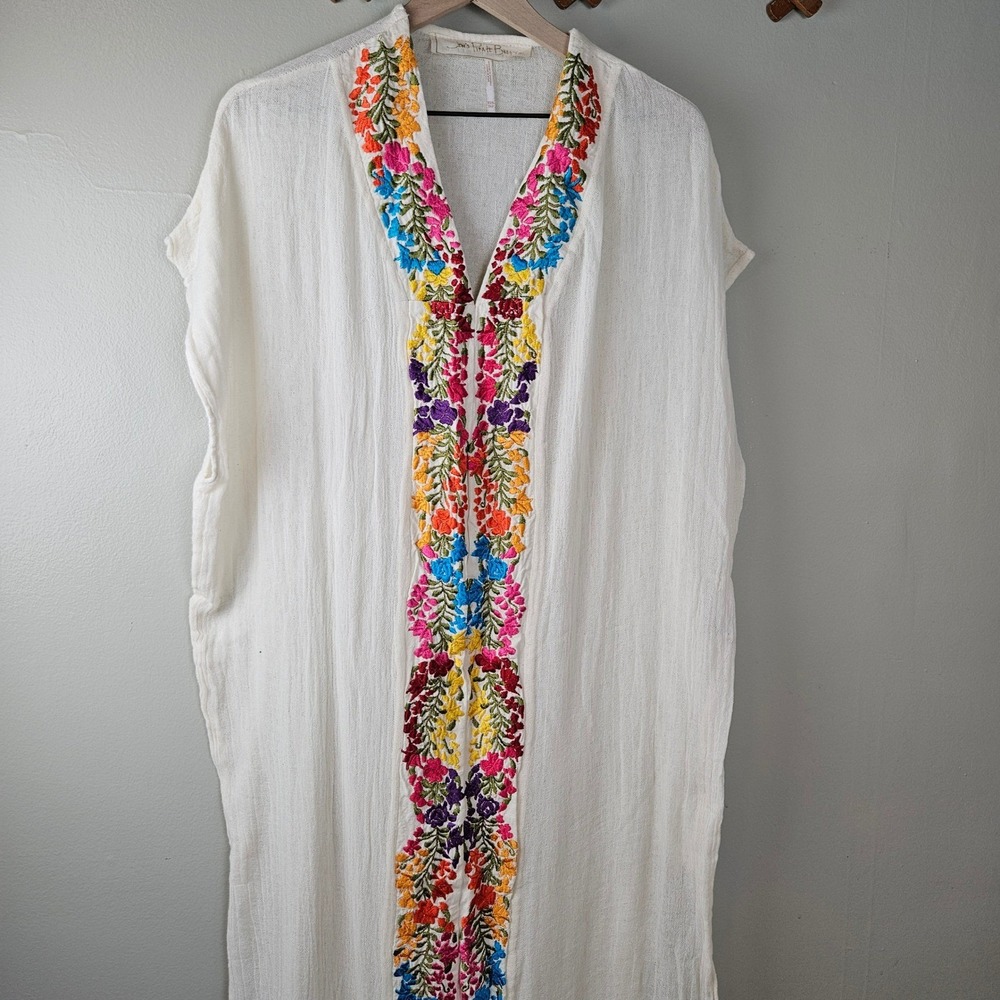 Jen's Pirate Booty Gauze Embroidered Kaftan Sz XS/S Ivory Multi Maxi Dress - Picture 3 of 12